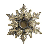 Barokkos megjelenésű, antikolt felületű, óarany színű, fém akantuszlevelekből készült kézműves gyertyatartó felülnézeti képe